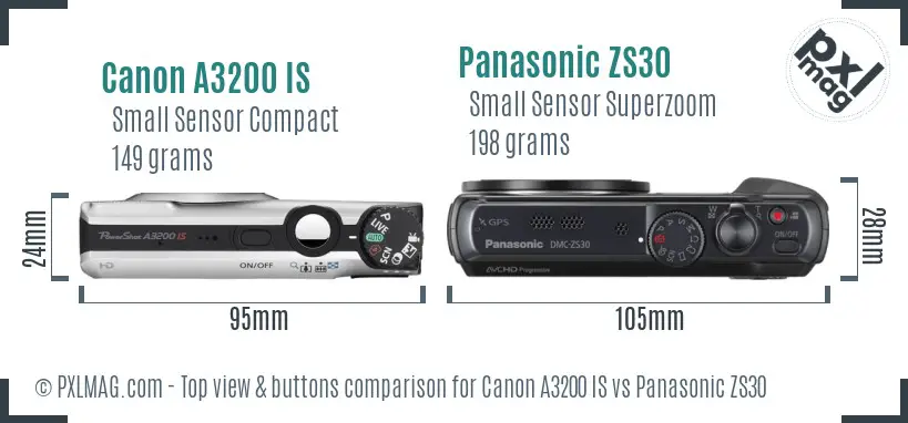Canon A3200 IS vs Panasonic ZS30 top view buttons comparison