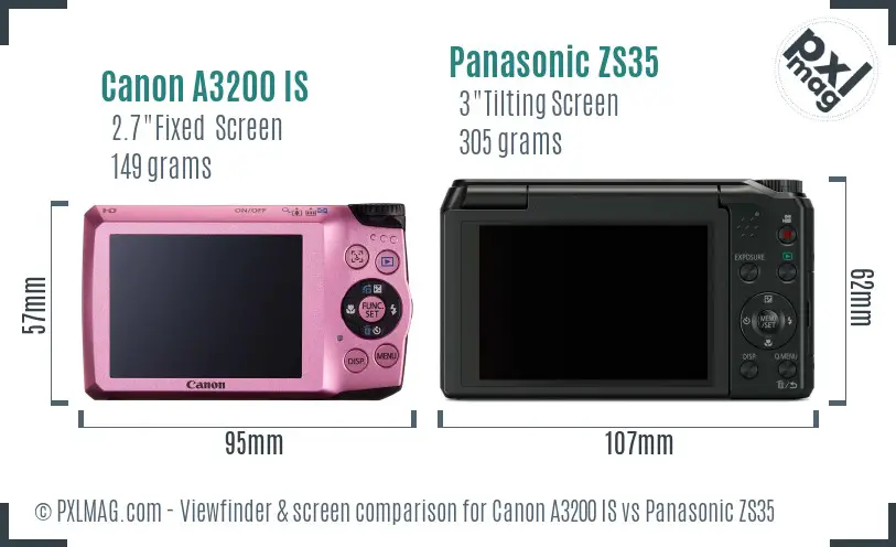 Canon A3200 IS vs Panasonic ZS35 Screen and Viewfinder comparison