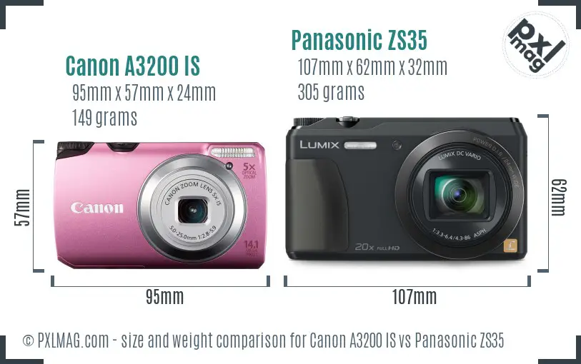 Canon A3200 IS vs Panasonic ZS35 size comparison