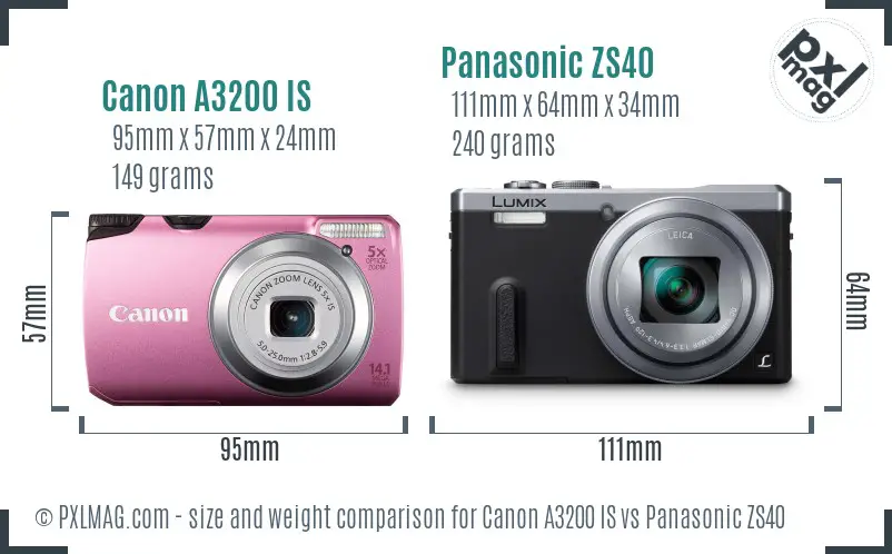Canon A3200 IS vs Panasonic ZS40 size comparison