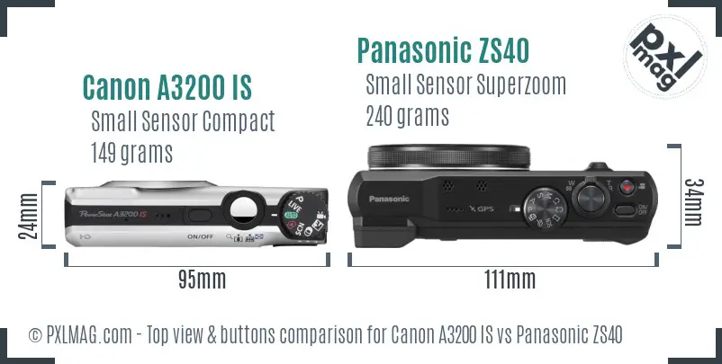 Canon A3200 IS vs Panasonic ZS40 top view buttons comparison