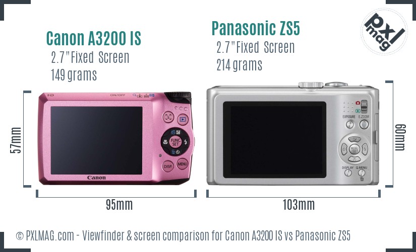 Canon A3200 IS vs Panasonic ZS5 Screen and Viewfinder comparison