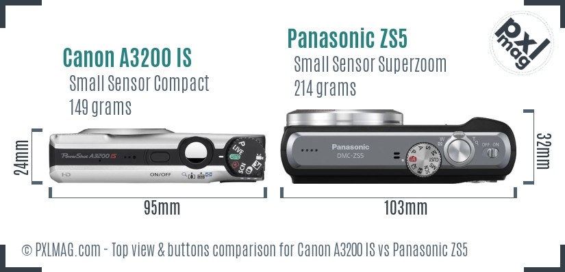 Canon A3200 IS vs Panasonic ZS5 top view buttons comparison