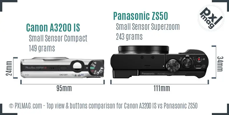 Canon A3200 IS vs Panasonic ZS50 top view buttons comparison Canon A3200 IS vs Panasonic ZS50 top view buttons comparison