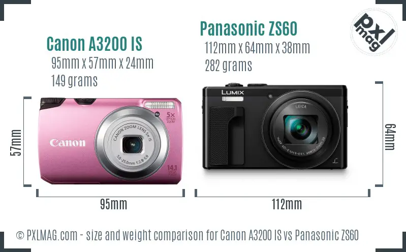 Canon A3200 IS vs Panasonic ZS60 size comparison