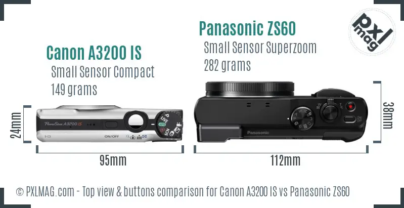 Canon A3200 IS vs Panasonic ZS60 top view buttons comparison