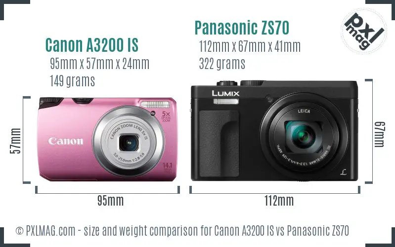 Canon A3200 IS vs Panasonic ZS70 size comparison