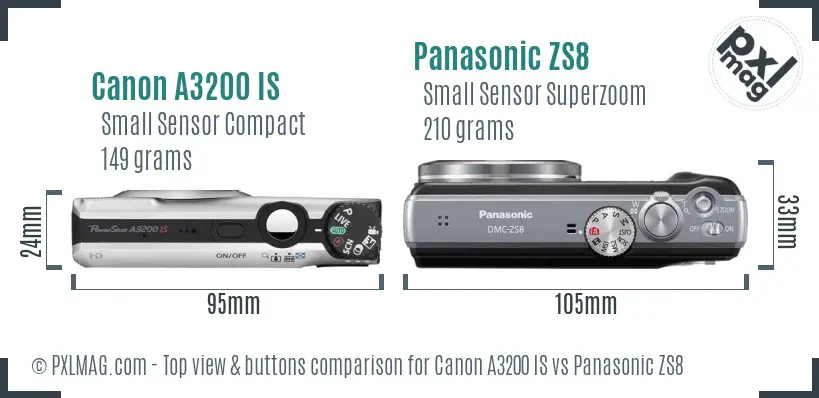 Canon A3200 IS vs Panasonic ZS8 top view buttons comparison