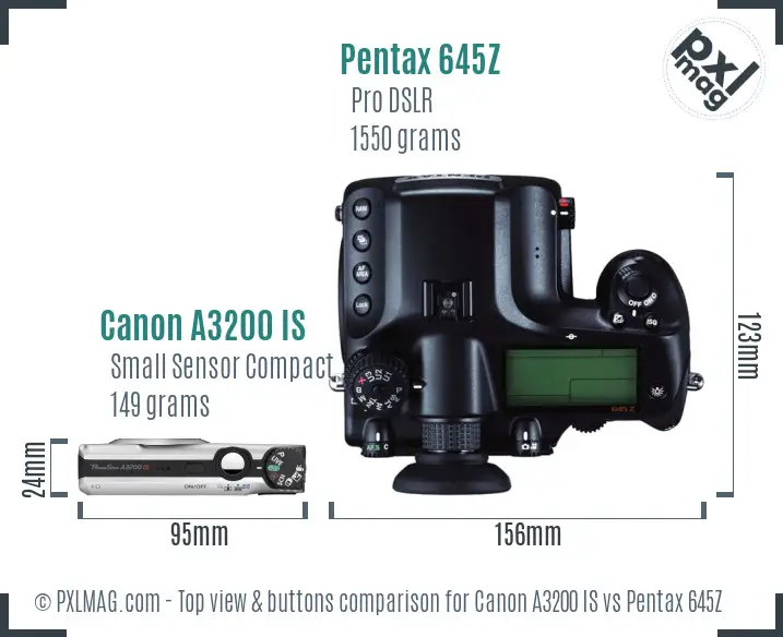 Canon A3200 IS vs Pentax 645Z top view buttons comparison