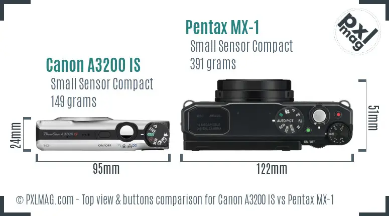 Canon A3200 IS vs Pentax MX-1 top view buttons comparison