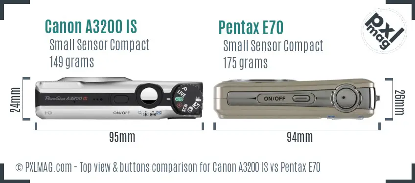Canon A3200 IS vs Pentax E70 top view buttons comparison Canon A3200 IS vs Pentax E70 top view buttons comparison