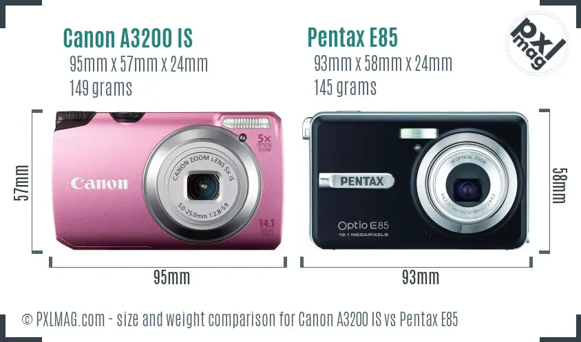 Canon A3200 IS vs Pentax E85 size comparison