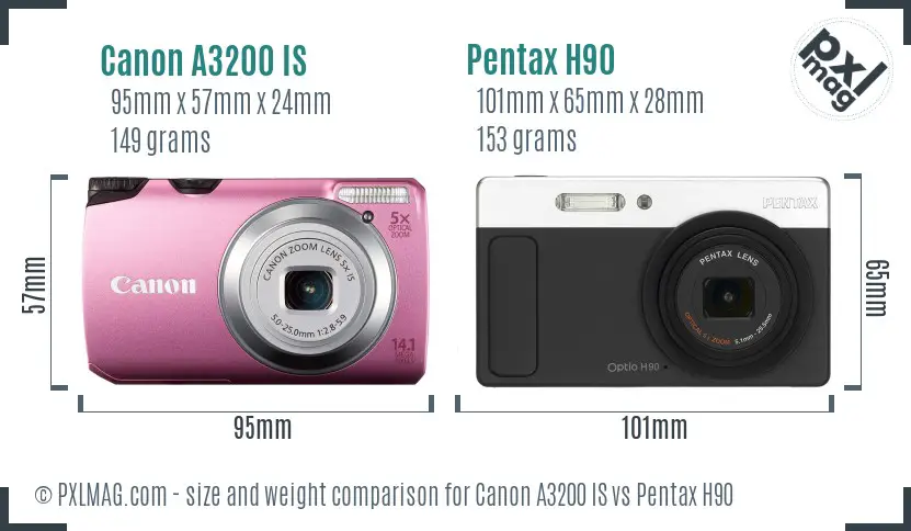 Canon A3200 IS vs Pentax H90 size comparison