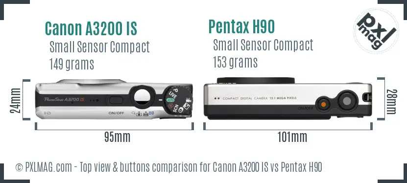 Canon A3200 IS vs Pentax H90 top view buttons comparison