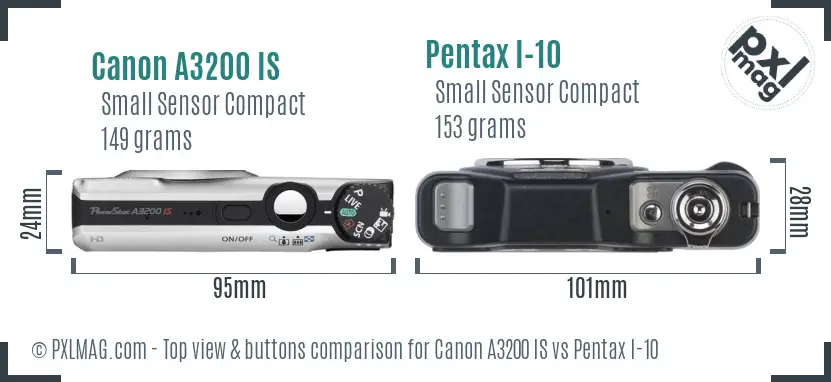 Canon A3200 IS vs Pentax I-10 top view buttons comparison Canon A3200 IS vs Pentax I-10 top view buttons comparison