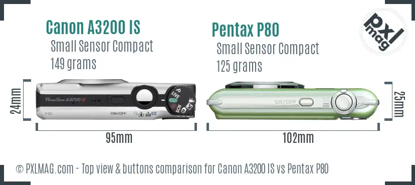 Canon A3200 IS vs Pentax P80 top view buttons comparison