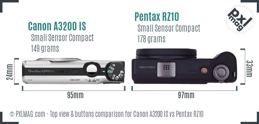 Canon A3200 IS vs Pentax RZ10 top view buttons comparison