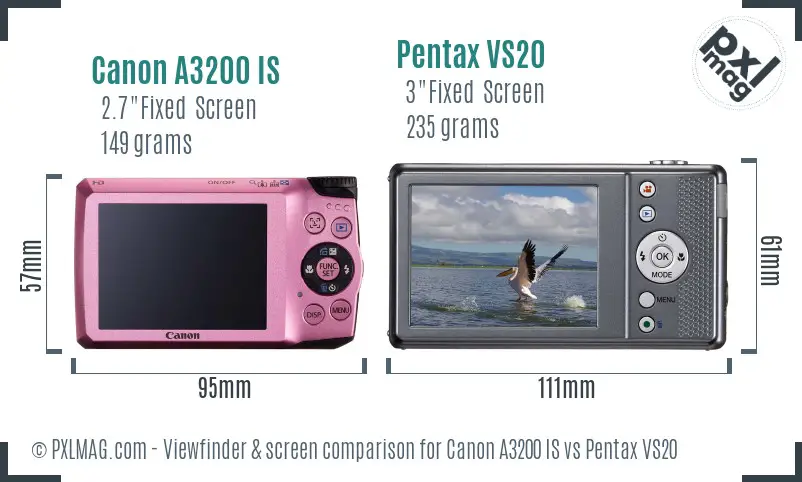 Canon A3200 IS vs Pentax VS20 Screen and Viewfinder comparison