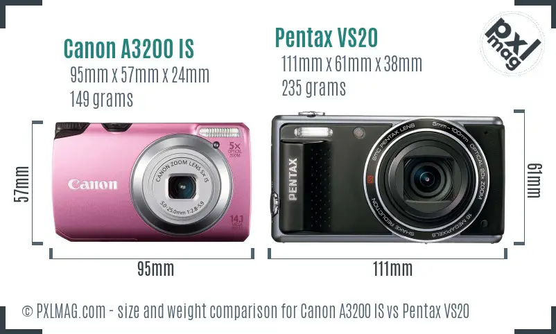 Canon A3200 IS vs Pentax VS20 size comparison