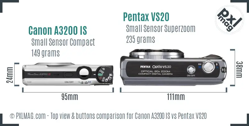 Canon A3200 IS vs Pentax VS20 top view buttons comparison