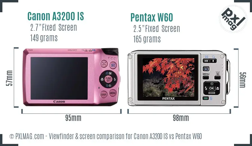 Canon A3200 IS vs Pentax W60 Screen and Viewfinder comparison