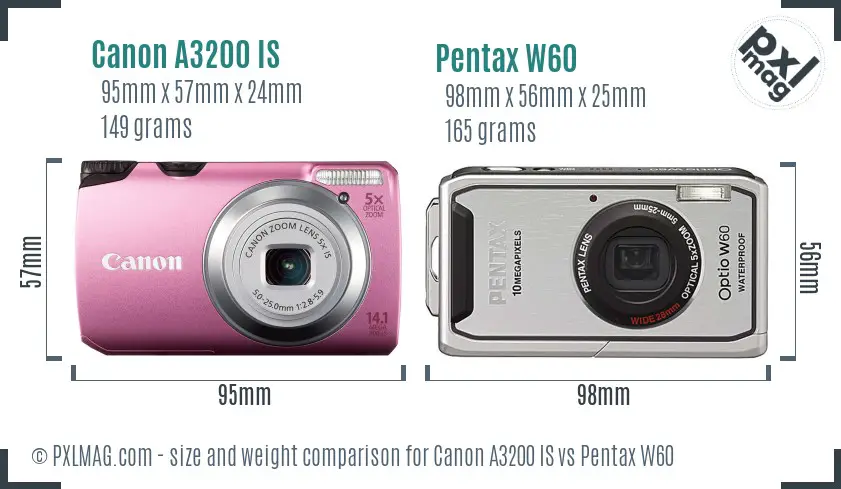Canon A3200 IS vs Pentax W60 size comparison