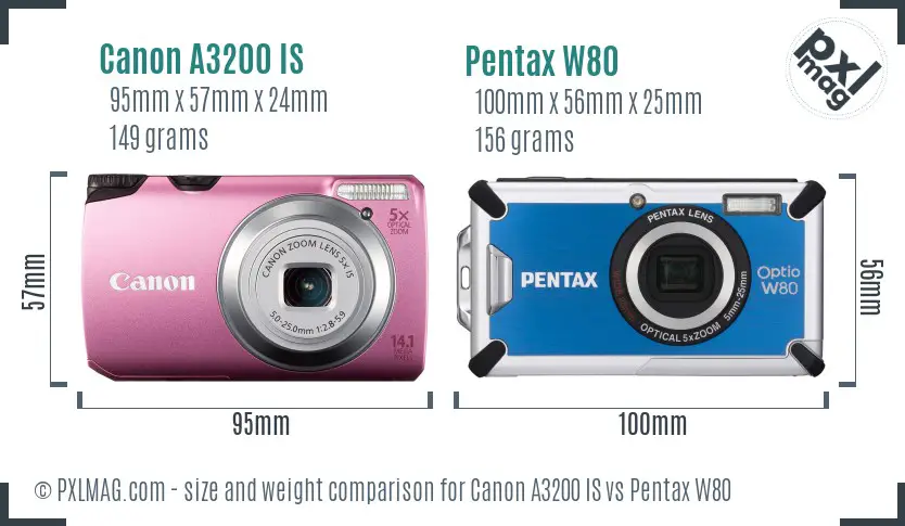 Canon A3200 IS vs Pentax W80 size comparison