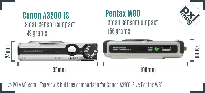 Canon A3200 IS vs Pentax W80 top view buttons comparison