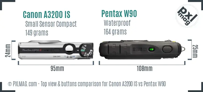 Canon A3200 IS vs Pentax W90 top view buttons comparison