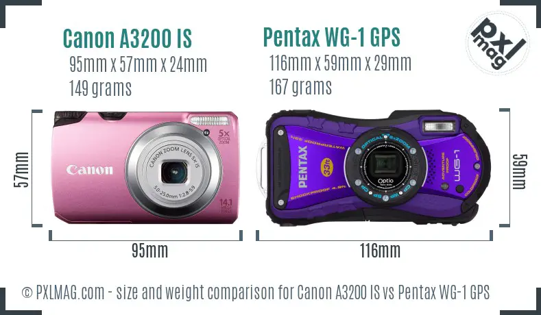 Canon A3200 IS vs Pentax WG-1 GPS size comparison Canon A3200 IS vs Pentax WG-1 GPS size comparison