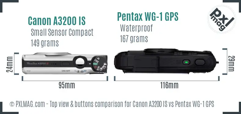 Canon A3200 IS vs Pentax WG-1 GPS top view buttons comparison