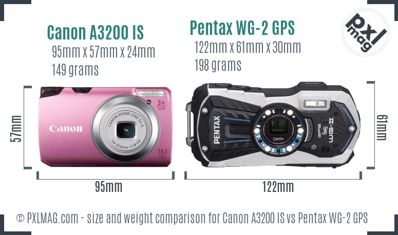 Canon A3200 IS vs Pentax WG-2 GPS size comparison Canon A3200 IS vs Pentax WG-2 GPS size comparison