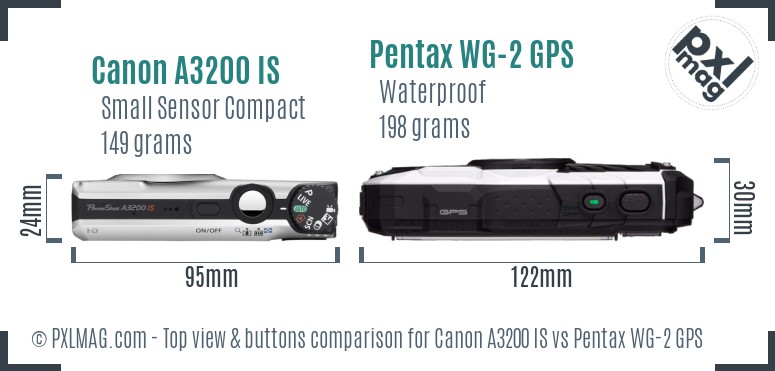 Canon A3200 IS vs Pentax WG-2 GPS top view buttons comparison