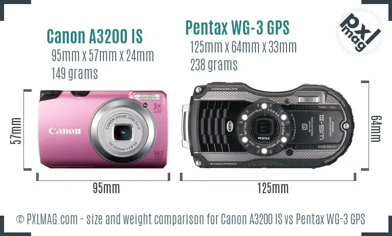 Canon A3200 IS vs Pentax WG-3 GPS size comparison