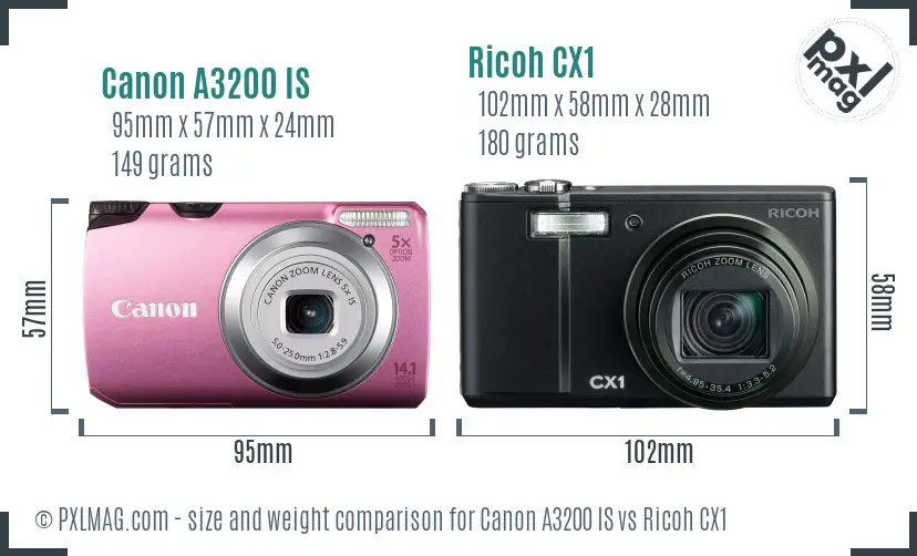 Canon A3200 IS vs Ricoh CX1 size comparison