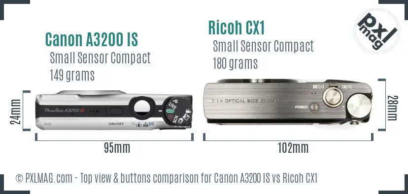 Canon A3200 IS vs Ricoh CX1 top view buttons comparison
