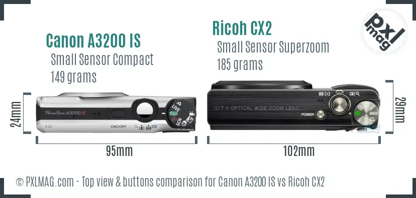 Canon A3200 IS vs Ricoh CX2 top view buttons comparison