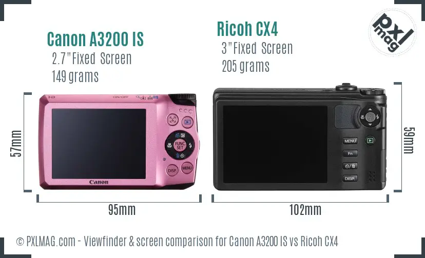 Canon A3200 IS vs Ricoh CX4 Screen and Viewfinder comparison