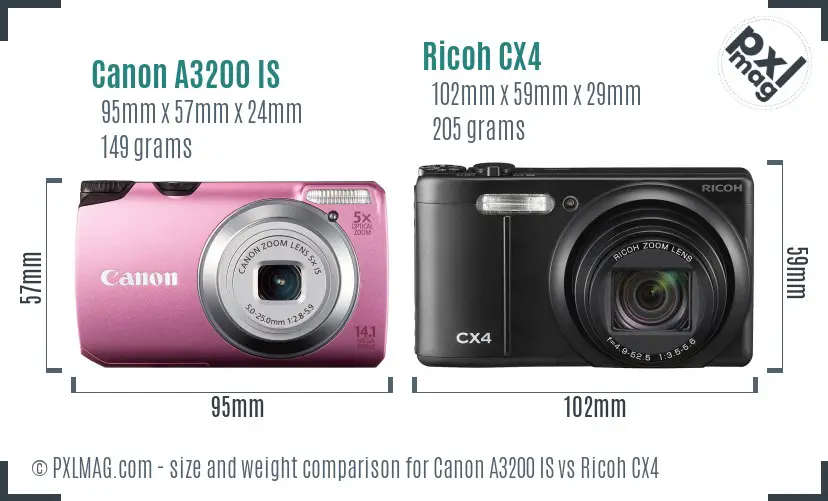 Canon A3200 IS vs Ricoh CX4 size comparison