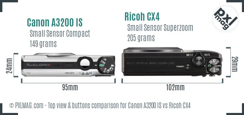 Canon A3200 IS vs Ricoh CX4 top view buttons comparison