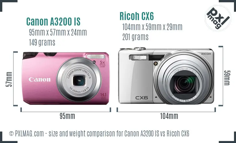 Canon A3200 IS vs Ricoh CX6 size comparison