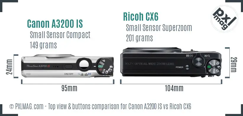 Canon A3200 IS vs Ricoh CX6 top view buttons comparison