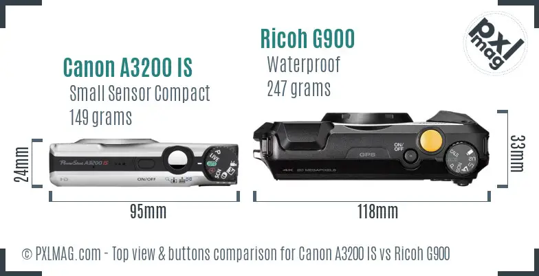 Canon A3200 IS vs Ricoh G900 top view buttons comparison