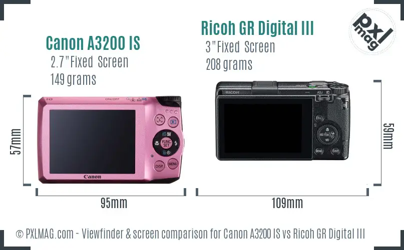 Canon A3200 IS vs Ricoh GR Digital III Screen and Viewfinder comparison