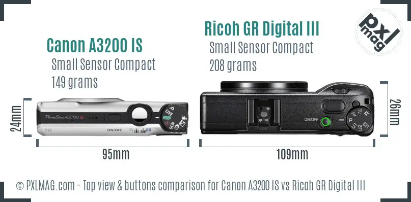 Canon A3200 IS vs Ricoh GR Digital III top view buttons comparison