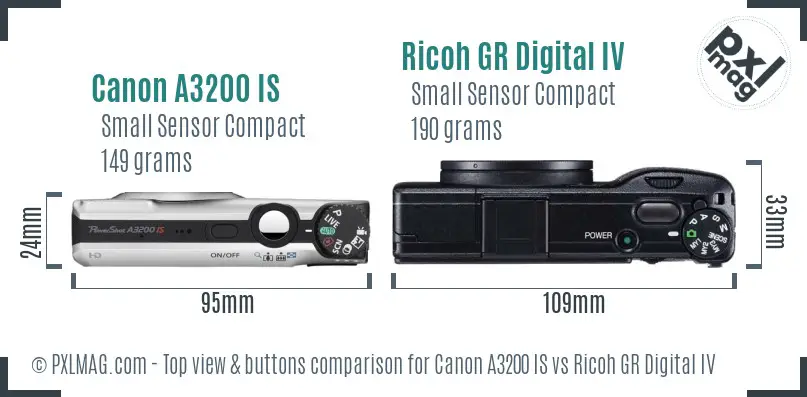 Canon A3200 IS vs Ricoh GR Digital IV top view buttons comparison