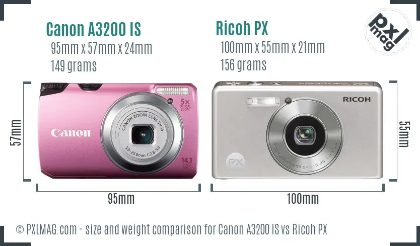 Canon A3200 IS vs Ricoh PX size comparison