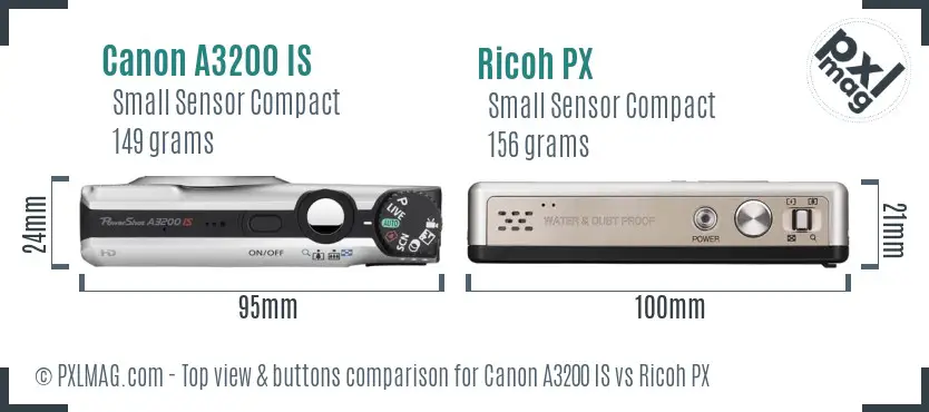 Canon A3200 IS vs Ricoh PX top view buttons comparison