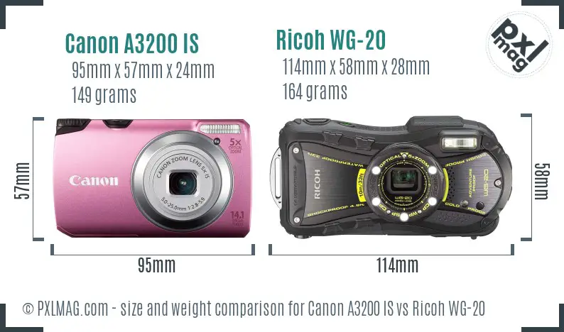 Canon A3200 IS vs Ricoh WG-20 size comparison