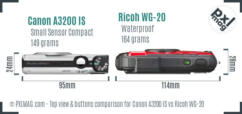 Canon A3200 IS vs Ricoh WG-20 top view buttons comparison